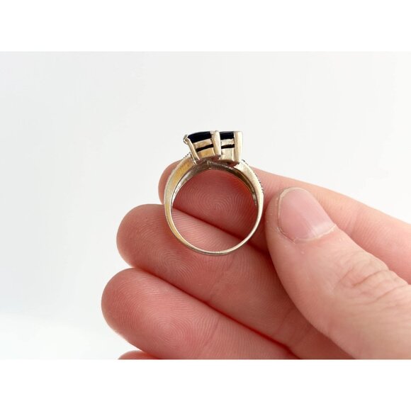 Blue Sapphire & Marcasite Accented 925 Sterling Silver Vintage Ring - sz 6.75 - Picture 8 of 13